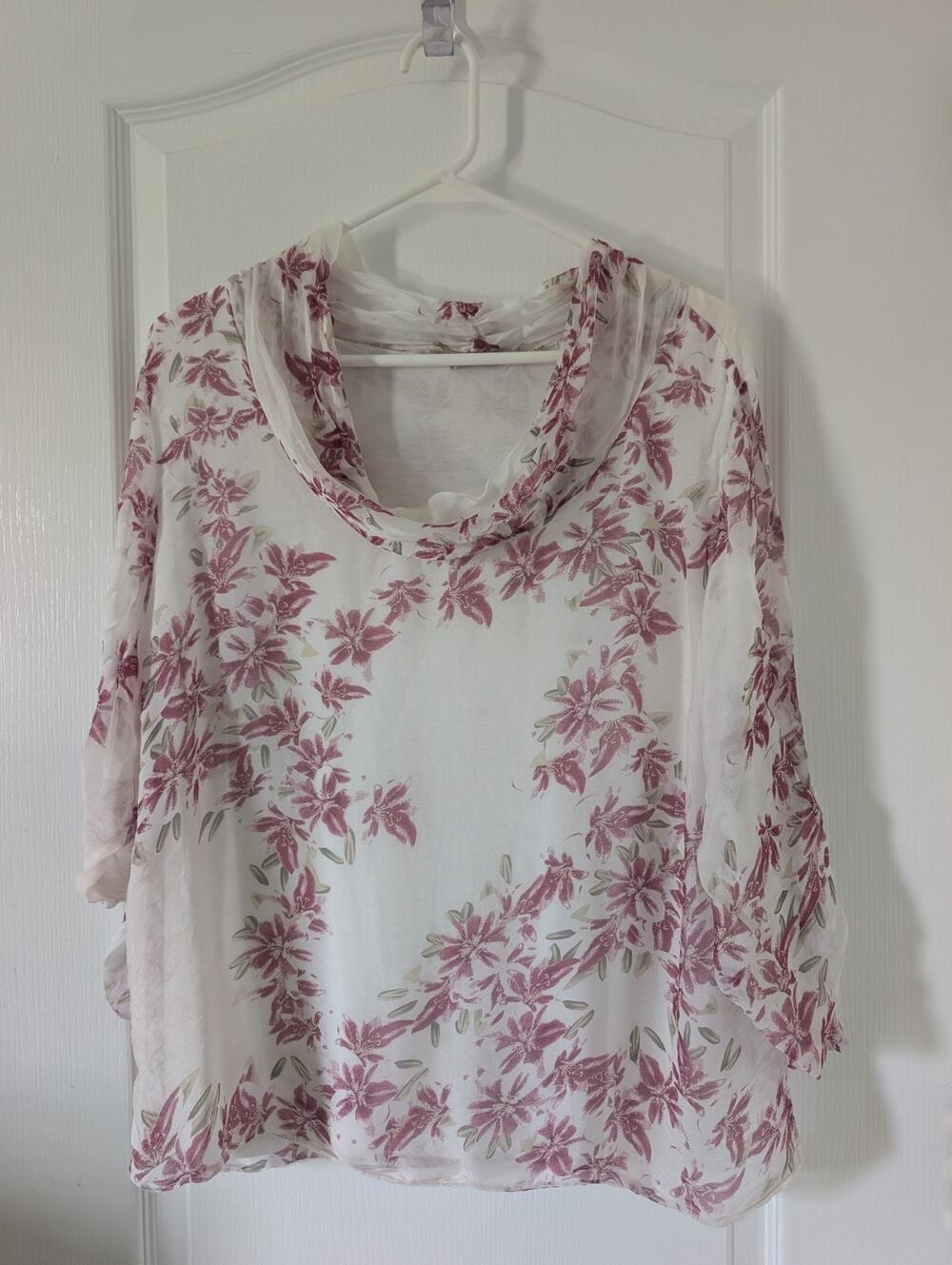 VIOLA BORGHI White Floral Top Long Sleeve Size XL Made In Italy